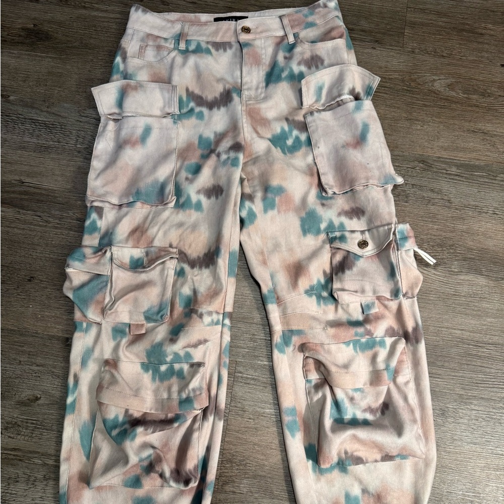 AKIRA Multi-Color Tie-Dye Cargo Pants - Pink, Teal, Gray